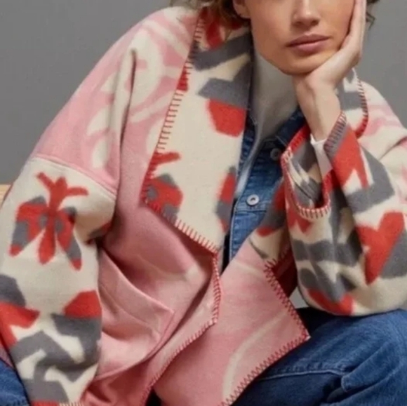 Anthropologie Heidi Kimono Jacket Soft Wool Front Patch Pockets Pink Ivory Motif - Picture 3 of 16